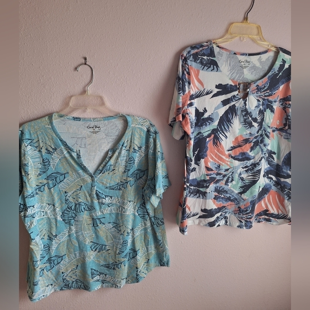 Tropical Print Blouses - Blue and Coral